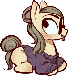 Size: 973x1107 | Tagged: safe, artist:kummitui, derpibooru import, oc, unofficial characters only, earth pony, pony, :p, clothes, earth pony oc, glasses, hair bun, lying down, prone, simple background, solo, sweater, tongue out, transparent background