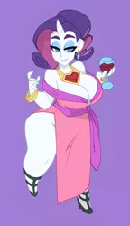 Size: 665x1153 | Tagged: alcohol, artist:bigdad, big breasts, breasts, busty rarity, cleavage, clothes, derpibooru import, dress, female, fire ruby, gem, glass, horn, horned humanization, huge breasts, human, humanized, off shoulder, pony coloring, purple background, rarity, ruby, side slit, simple background, solo, solo female, suggestive, thighs, thunder thighs, wine, wine glass