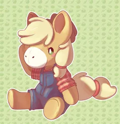 Size: 657x680 | Tagged: applebetes, applejack, artist:cutepencilcase, blushing, blush sticker, clothes, crossover, cute, derpibooru import, doll, female, g1, jackabetes, overalls, plushie, safe, semi-anthro, shirt, sitting, solo, takara pony, toy