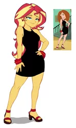 Size: 558x938 | Tagged: safe, artist:nairdags, derpibooru import, edit, sunset shimmer, equestria girls, black dress, bracelet, clothes, dress, ear piercing, earring, feet, hand on hip, high heels, jewelry, kim possible, little black dress, open-toed shoes, picture in picture, piercing, screencap reference, shoes, simple background, solo, stupid sexy sunset shimmer, toes, white background