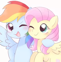 Size: 1628x1634 | Tagged: safe, artist:arrow__root, derpibooru import, fluttershy, rainbow dash, pegasus, pony, arm around neck, blushing, cute, dashabetes, duo, female, mare, one eye closed, open mouth, shyabetes, simple background, white background, wink