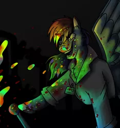 Size: 3000x3200 | Tagged: semi-grimdark, artist:applejackofalltrades, derpibooru import, rainbow dash, pegasus, pony, fanfic:rainbow factory, blood, clothes, evil grin, fanfic art, glow, grin, lab coat, smiling, solo