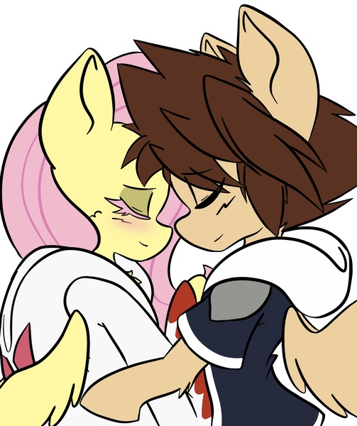 Size: 1536x1833 | Tagged: safe, artist:steelsoul, derpibooru import, fluttershy, ponified, pegasus, pony, colored eyelashes, crossover, crossover shipping, fanfic art, kingdom hearts, kingdom hearts of harmony, shipping, simple background, sora, video game