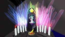 Size: 5222x3000 | Tagged: safe, artist:pianoboi, derpibooru import, oc, oc:fluoride sting, unicorn, altar, candle, cave, crystal, food offering fetish