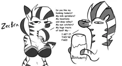 Size: 1902x1024 | Tagged: suggestive, artist:tjpones, derpibooru import, edit, oc, unofficial characters only, anthro, zebra, belly button, big breasts, black and white, black underwear, bra, breasts, burrito, cleavage, clothes, female, food, grayscale, hoof hold, huge breasts, monochrome, pun, simple background, solo, solo female, underwear, white background, zebra oc, zeeb