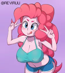 Size: 2428x2750 | Tagged: suggestive, artist:reviruu, derpibooru import, pinkie pie, equestria girls, areola, areola outline, belly button, big areola, big breasts, blushing, braless, breasts, busty pinkie pie, cleavage, clothes, double peace sign, erect nipples, female, huge breasts, licking, licking lips, midriff, nipple outline, peace sign, purple background, simple background, solo, solo female, tongue out