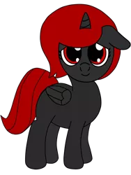 Size: 3072x4096 | Tagged: safe, artist:theunidentifiedchangeling, derpibooru import, oc, oc:lily shadehearth, alicorn, pony, blank flank, cute, female, filly, floppy ears, folded wings, horn, looking at you, red eyes, red mane, red tail, simple background, smiling, transparent background, wings