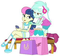 Size: 3600x3388 | Tagged: safe, artist:sketchmcreations, derpibooru import, bon bon, lyra heartstrings, sweetie drops, equestria girls, equestria girls series, holidays unwrapped, spoiler:eqg series (season 2), bench, crossed legs, dashing through the mall, female, hand on shoulder, lesbian, looking at each other, lyrabon, open mouth, phone, raised leg, shipping, shopping, shopping bags, simple background, sitting, smiling, transparent background, vector