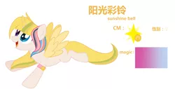Size: 8240x4192 | Tagged: safe, artist:whiteplumage233, derpibooru import, oc, oc:sunshine bell, alicorn, pony, absurd resolution, chinese text, colored wings, female, mare, moon runes, reference sheet, solo, wings