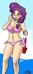 Size: 415x928 | Tagged: anime, artist:ixalon, artist:johnjoseco, beach, belly button, bikini, blushing, breasts, clothes, derpibooru import, dropping, female, front knot midriff, fruit punch, human, human coloration, humanized, midriff, open mouth, sad, safe, solo, sugar belle, swimsuit