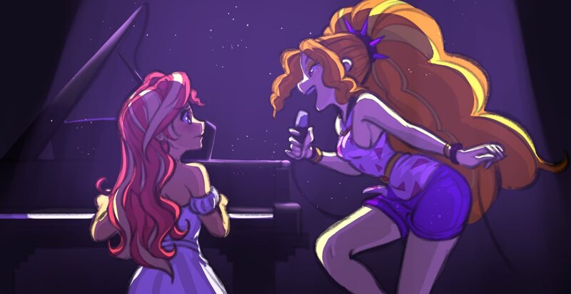 Size: 1280x659 | Tagged: safe, artist:nairdags, artist:rileyav, derpibooru import, adagio dazzle, sunset shimmer, equestria girls, blushing, breasts, collaboration, colored, female, lesbian, microphone, musical instrument, piano, shipping, sideboob, singing, spotlight, sunsagio