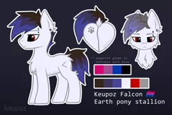 Size: 1536x1024 | Tagged: safe, artist:keupoz, derpibooru import, oc, oc:keupoz, unofficial characters only, earth pony, pony, bisexual pride flag, butt, cheek fluff, chest fluff, dock, ear piercing, earth pony oc, looking at you, male, piercing, plot, pride, pride flag, rear view, reference sheet, simple background, solo, stallion, text, watermark