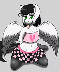 Size: 2500x3000 | Tagged: artist needed, source needed, suggestive, derpibooru import, oc, oc:skysprinter, pegasus, clothes, femboy, kneeling, male, short shirt, skirt, solo, tongue out