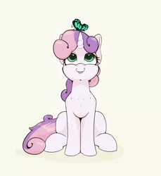 Size: 2200x2400 | Tagged: safe, artist:aquaticvibes, derpibooru import, sweetie belle, butterfly, insect, pony, unicorn, cute, diasweetes, female, filly, high res, looking up, simple background, sitting, smiling, yellow background