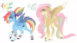 Size: 1280x722 | Tagged: safe, artist:irkenkt, derpibooru import, fluttershy, rainbow dash, alternate cutie mark, alternate design, deviantart watermark, duo, feathered fetlocks, female, floppy ears, male, obtrusive watermark, simple background, socks (coat marking), unshorn fetlocks, watermark, white background