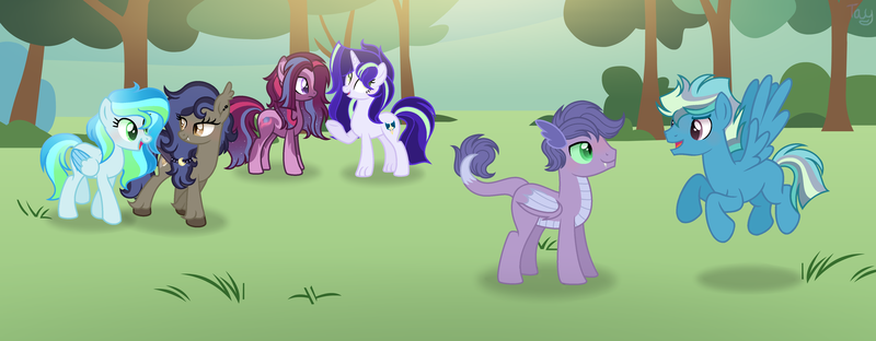 Size: 4736x1848 | Tagged: safe, artist:purplepotato04, derpibooru import, oc, oc:blue streak, oc:magic flame sparkle, oc:midnight haze, oc:sparkling moon, oc:valour enigma, unofficial characters only, alicorn, bat pony, dracony, dragon, hybrid, pegasus, pony, unicorn, female, interspecies offspring, male, mare, offspring, parent:rarity, parent:sky stinger, parent:spike, parent:vapor trail, parents:sparity, parents:vaporsky, stallion