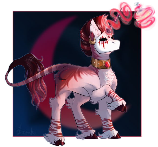 Size: 1120x1042 | Tagged: safe, artist:jeshh, derpibooru import, oc, oc:imari, hybrid, pony, zony, bottle, magic, male, mask, solo, stallion