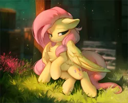 Size: 1280x1036 | Tagged: safe, artist:hioshiru, derpibooru import, fluttershy, pegasus, pony, bedroom eyes, chest fluff, crepuscular rays, cute, daaaaaaaaaaaw, female, floppy ears, flower, grass, leg fluff, shyabetes, sitting, solo