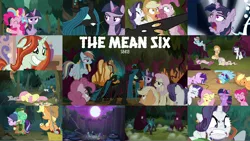 Size: 1968x1110 | Tagged: safe, derpibooru import, edit, edited screencap, editor:quoterific, screencap, applejack, crackle cosette, fluttershy, mean applejack, mean fluttershy, mean pinkie pie, mean rainbow dash, mean rarity, mean twilight sparkle, pinkie pie, queen chrysalis, rainbow dash, rarity, spike, starlight glimmer, twilight sparkle, twilight sparkle (alicorn), alicorn, changeling, changeling queen, earth pony, pegasus, pony, unicorn, the mean 6, angry, clone, disguise, disguised changeling, female, laughing, mane seven, mane six, mean six, open mouth, rainbow power, scared