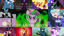 Size: 1974x1111 | Tagged: safe, derpibooru import, edit, edited screencap, editor:quoterific, screencap, cozy glow, daybreaker, discord, grogar, king sombra, lord tirek, nightmare moon, princess cadance, queen chrysalis, starlight glimmer, storm king, sunset shimmer, tempest shadow, alicorn, changeling, changeling queen, draconequus, human, pegasus, pony, unicorn, a canterlot wedding, a royal problem, equestria girls, equestria girls (movie), my little pony: the movie, school raze, the beginning of the end, the cutie map, the ending of the end, the return of harmony, twilight's kingdom, angry, disguise, disguised changeling, female, filly, open mouth