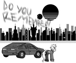 Size: 6900x5800 | Tagged: safe, artist:menalia, derpibooru import, oc, oc:shiny flames, unofficial characters only, pegasus, pony, back to the future, car, city, clothes, cyberpunk, cyberpunk 2077, delorean, emotionless, female, grayscale, hoodie, mare, monochrome, moon, pants, shoes, sketch, sun, text, wings, wip