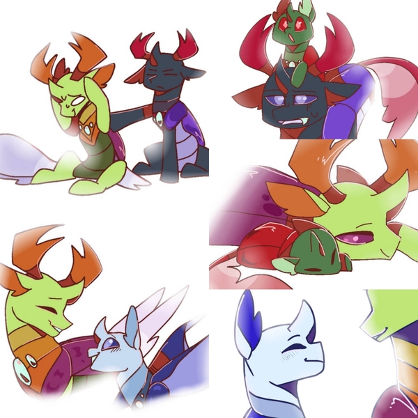 Size: 1564x1564 | Tagged: artist:paintedsnek, blushing, brotherly love, brothers, changedling, changedling brothers, changeling, collage, cuddling, cute, derpibooru import, fanfic:the king of love bugs, holding head, king thorax, male, oc, oc:apex, oc:calor the changeling, panic, panicking, papa thorax, pharynx, pony hat, prince pharynx, safe, sibling love, siblings, simple background, sleeping, smiling, thorabetes, thorax, white background