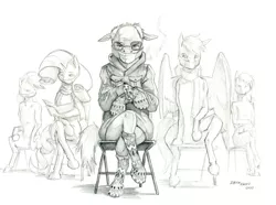 Size: 1400x1042 | Tagged: safe, artist:baron engel, derpibooru import, rarity, ponified, earth pony, pegasus, pony, unicorn, bald, bernie sanders, chair, clothes, coat, face mask, glasses, mask, scarf, sitting, spread wings, wings