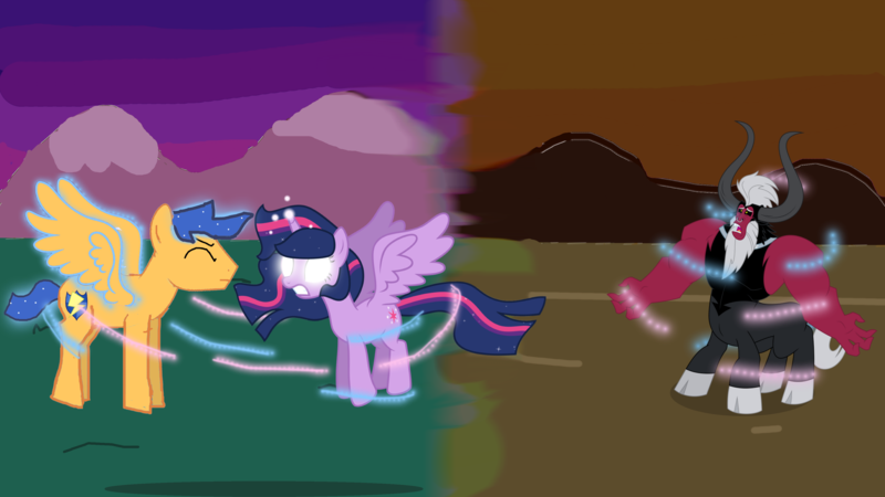 Size: 3840x2160 | Tagged: alicorn, artist:twilightsparkle0428, centaur, dark magic, derpibooru import, female, fight, flash sentry, lord tirek, magic, male, pegasus, safe, twilight sparkle