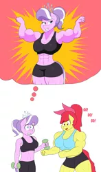 Size: 1811x3072 | Tagged: safe, artist:matchstickman, derpibooru import, apple bloom, diamond tiara, anthro, earth pony, tumblr:where the apple blossoms, abs, apple bloom's bow, apple brawn, armpits, biceps, bow, breasts, busty apple bloom, busty diamond tiara, clothes, comic, deltoids, dialogue, diamond-hard tiara, dumbbell (object), duo, exercise, female, flexing, grin, gritted teeth, gym shorts, hair bow, image, imagining, jewelry, matchstickman's apple brawn series, muscles, older, older apple bloom, older diamond tiara, pecs, png, simple background, smiling, sports bra, sweat, thighs, thought bubble, thunder thighs, tiara, tumblr comic, weight lifting, white background
