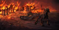 Size: 1280x656 | Tagged: safe, artist:wonderblue, derpibooru import, oc, unofficial characters only, armor, armored pony, burning, commission, evil, fire, fireplace