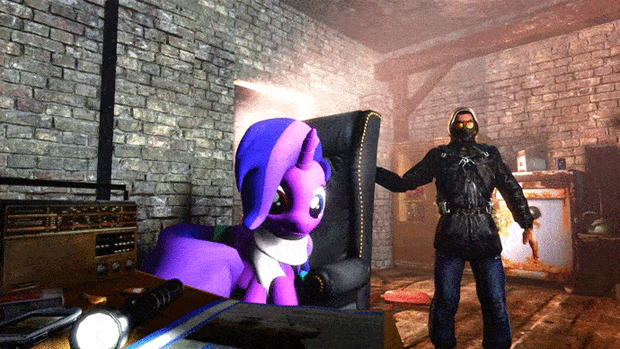 Size: 690x388 | Tagged: safe, derpibooru import, oc, human, pony, unicorn, 3d, animated, gif, happy, horn, office chair, s.t.a.l.k.e.r., sitting, source filmmaker, spinning, unicorn oc, valentine dazzle