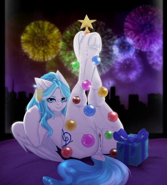 Size: 1084x1200 | Tagged: explicit, artist:evlass, derpibooru import, oc, oc:lesa castle, unofficial characters only, pegasus, pony, anus, bed, champagne, champagne glass, clitoris, commission, dock, female, fireworks, image, jpeg, looking at you, mare, nudity, on back, present, presenting, skyline, solo, solo female, underhoof, vulva, vulvar winking, window, wings, ych result