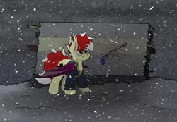 Size: 3000x2080 | Tagged: safe, artist:aaathebap, derpibooru import, oc, oc:aaaaaaaaaaa, bat pony, fallout equestria, blood, clothes, cloud, cloudy, fallout, gun, handgun, levitation, magic, pistol, ruins, silencer, snow, snowfall, telekinesis, vault suit, weapon