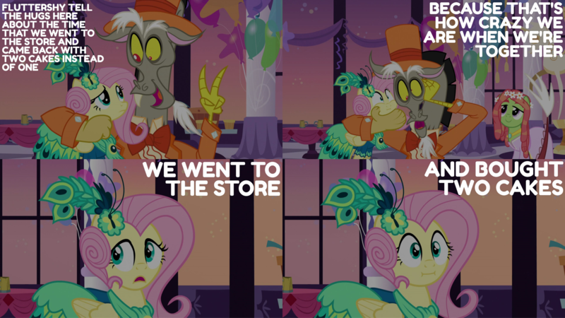 Size: 1986x1117 | Tagged: safe, derpibooru import, edit, edited screencap, editor:quoterific, screencap, discord, fluttershy, tree hugger, draconequus, earth pony, pegasus, pony, make new friends but keep discord, :i, balloon, clothes, dress, female, gala dress, grand galloping gala, hat, male, open mouth, we bought two cakes