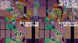 Size: 1986x1117 | Tagged: safe, derpibooru import, edit, edited screencap, editor:quoterific, screencap, discord, fluttershy, tree hugger, draconequus, earth pony, pegasus, pony, make new friends but keep discord, :i, balloon, clothes, dress, female, gala dress, grand galloping gala, hat, male, open mouth, we bought two cakes