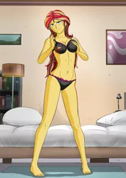 Size: 4961x7016 | Tagged: suggestive, artist:symptom99, derpibooru import, sunset shimmer, equestria girls, barefoot, bedroom, belly button, black underwear, bra, breasts, clothes, cutie mark, cutie mark on clothes, cutie mark underwear, feet, female, frilly underwear, panties, solo, solo female, stupid sexy sunset shimmer, underwear