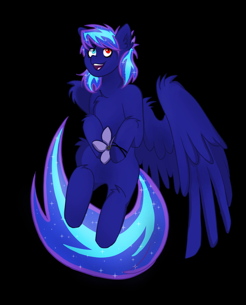 Size: 1024x1271 | Tagged: safe, artist:ssilverliver, derpibooru import, oc, unofficial characters only, pegasus, pony, black background, chest fluff, ethereal mane, flower, heterochromia, open mouth, pegasus oc, simple background, sitting, smiling, solo, starry mane, wings