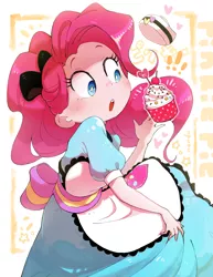 Size: 1926x2500 | Tagged: safe, artist:nendo, derpibooru import, pinkie pie, coinky-dink world, eqg summertime shorts, equestria girls, clothes, cupcake, dress, female, food, nendo is trying to murder us, open mouth, server pinkie pie, solo, waitress