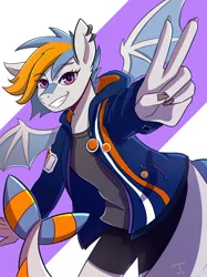 Size: 1500x2001 | Tagged: safe, artist:itsonlyaurl, derpibooru import, oc, oc:gulfstream, anthro, hybrid, original species, shark, shark pony, bat wings, clothes, compression shorts, female, grin, jacket, looking at you, peace sign, piercing, smiling, solo, tail, wings
