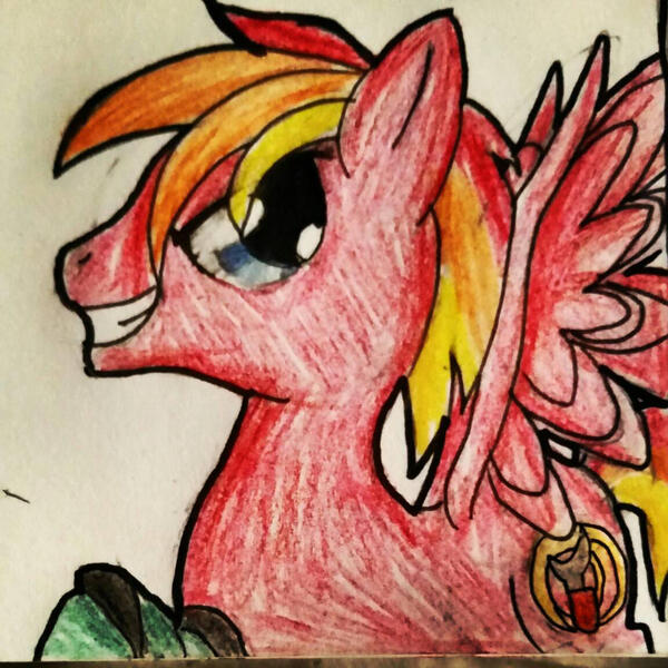 Size: 1152x1152 | Tagged: safe, artist:juliet-gwolf18, derpibooru import, oc, unofficial characters only, pegasus, pony, bust, grin, male, pegasus oc, smiling, solo, stallion, traditional art, wings
