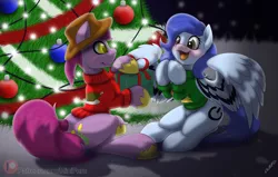 Size: 1200x764 | Tagged: safe, artist:miniferu, derpibooru import, oc, oc:mount genepi, earth pony, pegasus, christmas, christmas tree, holiday, open mouth, present, tree