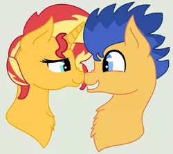 Size: 1034x924 | Tagged: safe, artist:jadethepegasus, derpibooru import, flash sentry, sunset shimmer, pegasus, pony, unicorn, boop, bust, female, flashimmer, grin, looking into each others eyes, male, noseboop, shipping, smiling, straight
