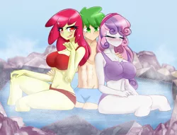 Size: 2780x2128 | Tagged: suggestive, artist:kamushek228, derpibooru import, apple bloom, spike, sweetie belle, human, big breasts, bikini, breasts, busty apple bloom, busty sweetie belle, clothes, commission, female, hot tub, humanized, male, midriff, older, older apple bloom, older spike, older sweetie belle, shipping, spikebelle, spikebloom, steam, straight, swimsuit, water