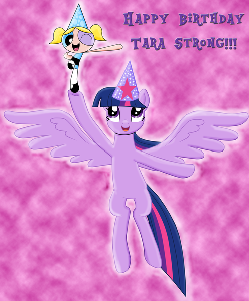 Size: 2704x3268 | Tagged: safe, artist:majkashinoda626, derpibooru import, twilight sparkle, twilight sparkle (alicorn), alicorn, pony, birthday, bubbles (powerpuff girls), crossover, hat, party hat, tara strong, the powerpuff girls, voice actor joke