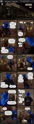 Size: 2000x7189 | Tagged: 3d, alcohol, anthro, armor, artist:stellarator, blender, comic, comic:a morning with the night, comic:night train, cycles, derpibooru import, elizabethan, guard, helmet, implied gay, jewelry, not sfm, oc, oc:juicebox, princess luna, regalia, spear, suggestive, train, unguligrade anthro, weapon, wine, ye olde english