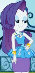 Size: 979x2045 | Tagged: safe, derpibooru import, screencap, rarity, equestria girls, equestria girls series, sock it to me, spoiler:eqg series (season 2), canterlot high, clothes, cute, diamond, dress, female, geode of shielding, gold, hand on hip, jewelry, legs, lidded eyes, magical geodes, makeup, necklace, outdoors, pencil skirt, raribetes, rarity peplum dress, sleeveless, smiling, soccer field, sock it to me: rarity, waistband, wrist cuffs