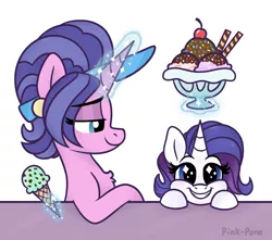 Size: 2000x1770 | Tagged: safe, artist:pink-pone, derpibooru import, cookie crumbles, rarity, unicorn, cherry, chest fluff, cone, cute, female, food, fruit, happy, ice cream, magic, mother and child, mother and daughter, raribetes, telekinesis