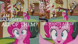 Size: 2000x1125 | Tagged: safe, derpibooru import, edit, edited screencap, editor:quoterific, screencap, discord, pinkie pie, draconequus, earth pony, pony, make new friends but keep discord, breaking the fourth wall, eyes closed, he wants all of the cakes, open mouth, surprised