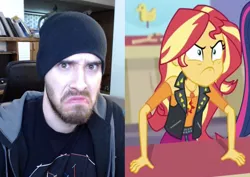 Size: 1528x1080 | Tagged: safe, derpibooru import, edit, edited screencap, screencap, sunset shimmer, equestria girls, equestria girls series, rollercoaster of friendship, :c, >:c, angry, beanie, charmx, comparison, frown, geode of empathy, hat, magical geodes, rageset shimmer, that pony sure have anger issues, youtuber