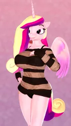 Size: 2304x4096 | Tagged: 2019, 3d, alicorn, anthro, artist:flushthebatsanta, big breasts, breasts, busty princess cadance, clothes, derpibooru import, female, horn, milf, panties, princess cadance, simple background, smiling, solo, solo female, source filmmaker, suggestive, sweater, tail, thighs, underwear, wide hips, wings
